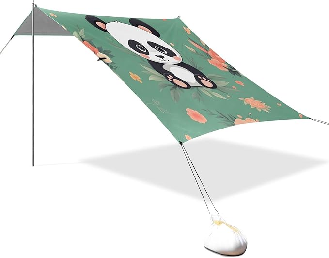 Cartoon Panda Beach Tent Sun Shelter Set UPF50+ UV Protection 10.5 x 9.19 FT Camping Shade Canopy with Sandbags Sand Anchors Carrying Bag and Others