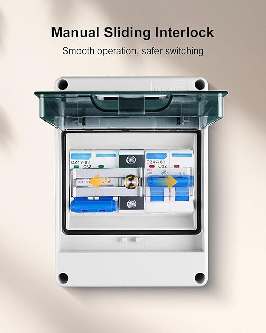 32A Dual Power Manual Transfer Switch IP65 Waterproof Circuit Breaker Box with 2Pcs 2-Pole 32A Circuit Breakers &amp Single-Side Slide Lock for 120 240V Residential and Industrial Application