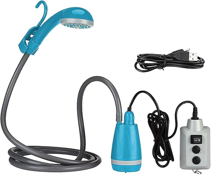 Camping Shower with Electric Pump for Outdoor Use USB Rechargeable Blue