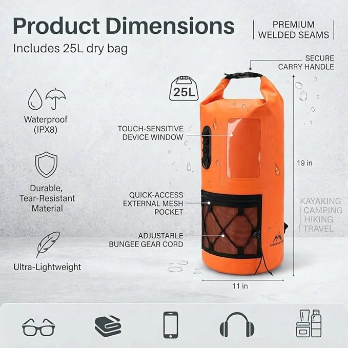 Waterproof Dry Bag 500D PVC Roll Top Dry Sack with 3 Carrying Ways Lightweight Waterproof Bag for Kayaking Swimming Boating Paddle Boarding Hiking Beach(Orange 25L)