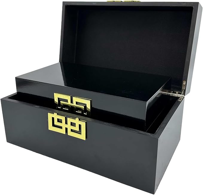 Galt International Storage Box Set Decorative Storage Box w/Hinged Lid Classic Design Wood Decor Boxes with Geometric Clasp Storage for Bedroom &amp Home - Set of 2 (Black &amp Gold)