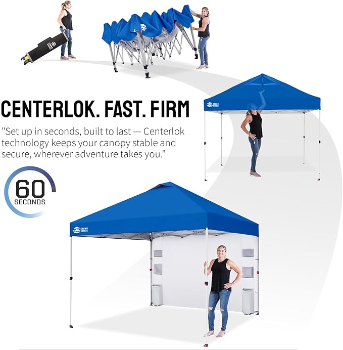 CROWN SHADES Canopy Tent 10 x 10 Foot Portable Pop Up Outdoor Shelter with Pocket Sidewall Push Center Lock UV Protection and Carry Bag Blue