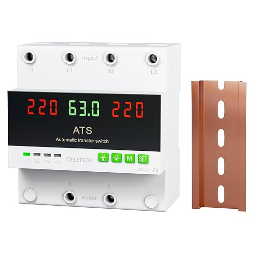 110 VAC Dual Power Automatic Transfer Switch 2-Pole 63 Amp DIN Rail ATS Adjustable Emergency Power Switch with 3.54” Guide Rail