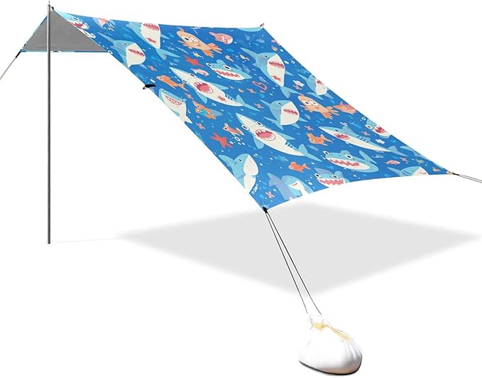 Shark Water Blue Pattern Foldable Beach Cabana UPF50+ Protection Water-Resistant Shade Sun Shelter with Sand Pockets for Camping Picnics Backyard &amp Fishing