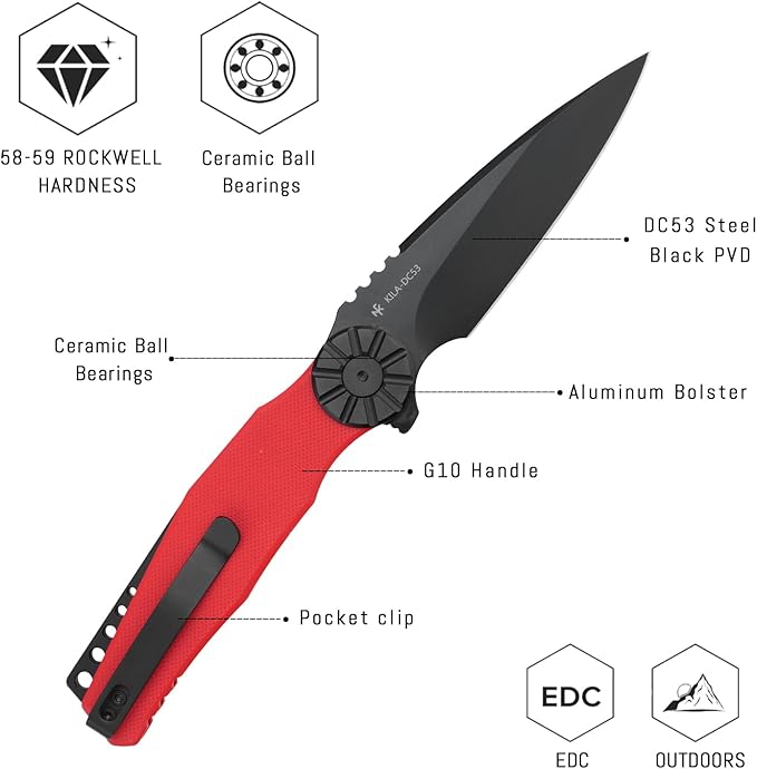 EDC Knives - Folding Pocket Knife For 3.15 DC53 Steel PVD Blade Aluminum Bolster + Red G10 with Clip for Man Camping KILA-RGB.