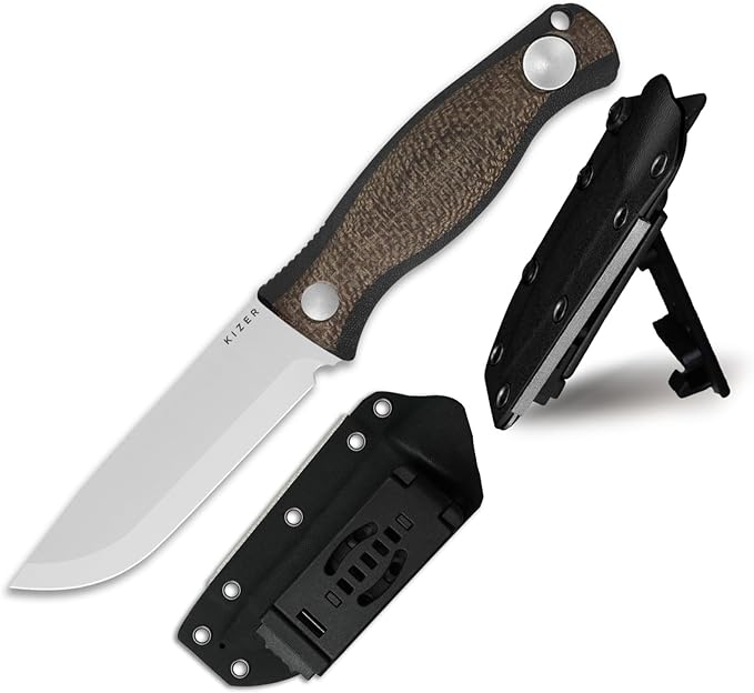 Kizer Polaris Fixed Blade Knife 4.23 AEB-L Steel Camping Knife with Brown Black Micarta &amp Black G10 Handle Survival Hunting Bushcraft Knives with Adjustable Sheath &amp Sharpener 1100A3