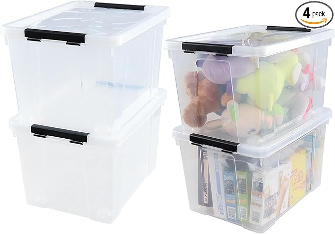 4-Pack 32 L Wheeled Clear Plastic Storage Latch Box Large Clear Storage Bin with Lid