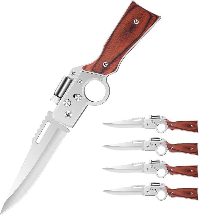AK47 Style Tactical Folding Knife 4-Pack – Bulk Set with LED Light Wood Handle Laser Engraving Ready Groomsmen Gifts for Men Outdoor Camping Hiking Gear (4)