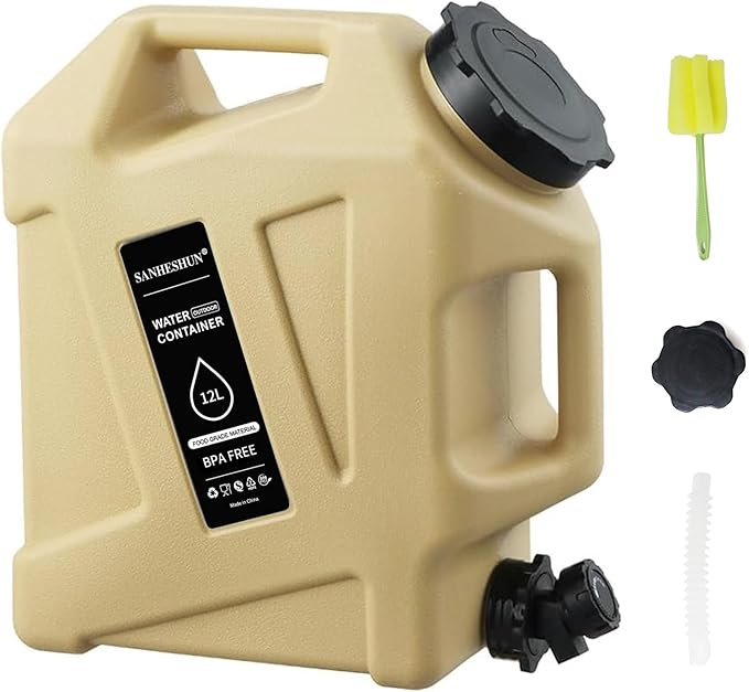 3.2 Gallon Water Jug12L Portable Water Container with Spigot Cleaning Brush Detachable Hose &amp Extra Lid Dual Handles Design BPA-Free Camping Hydration Canteen Outdoor Tank Storage PE - Khaki