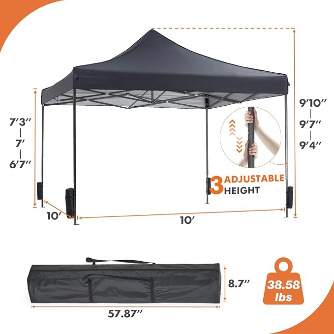 10 x 10ft Pop Up Canopy Tent Easy Setup Outdoor Shade Instant Portable Sun Shelter Canopy Tent for Parties Camping BeachGray