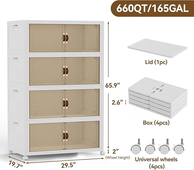 SAILUN 674QT/168Gal Stackable Storage Bins with a Lid Collapsible Storage Bins With Doors Folding Cabinet for Home Closet Organization4 Pack-30 W x 19.7 D x 65.9 H White