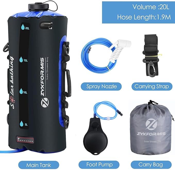 Camping Shower Bag 5 Gal/20L TPU Material Portable Shower Bag with Foot Pump and Press-Type Shower Nozzle for Camping Beach Swimming Outdoor Traveling Hiking
