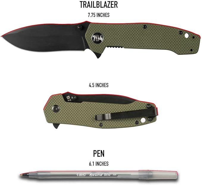 704 Gear Trailblazer EDC Folding Pocket Knife | 3.25 Blade G10 Handle Ambidextrous Thumb Stud Reversible Pocket Clip | Olive Drab Green