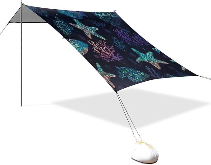 ALAZA Fluorescent Starfish Coral Beach Tent Sun Shelter UPF50+ Protection Beach Shade Canopy w/ 4 Sandbags for Outdoor Camping Fishing Backyard Fun Picnic 10x9 ft