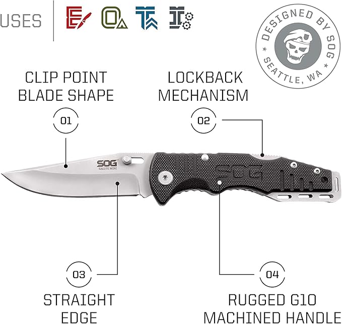 SOG Salute Mini Tactical Knife- EDC Folding Pocket Knife with 3.1 Inch Blade Adjustable Thumb Stud and Low Carry Bayonet Clip Bead Blasted (FF1001-CP)