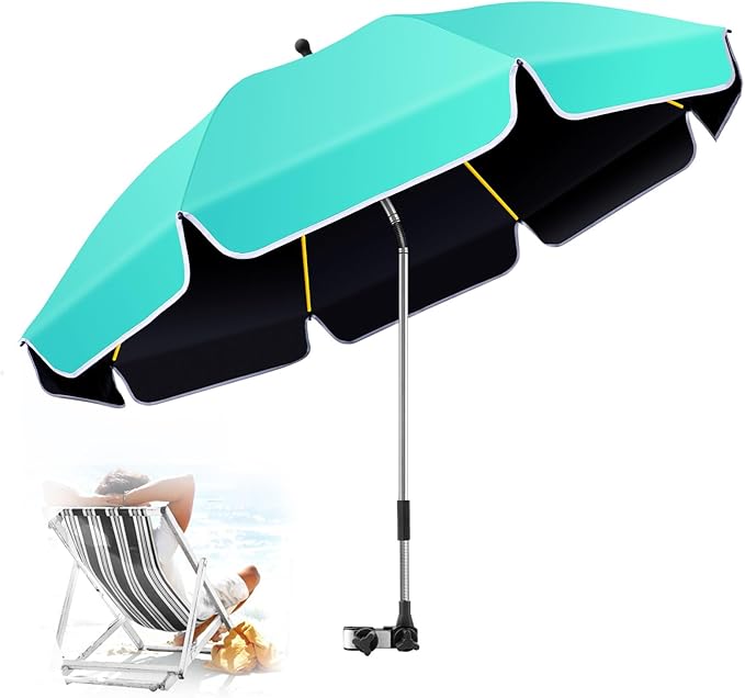 48.8 inch Large Beach Umbrella with Clamp Sun Shade for Beach Chair 360°Adjustable UV Protection Golf Umbrella with Clip for Outdoor Patio Stroller Wheelchair