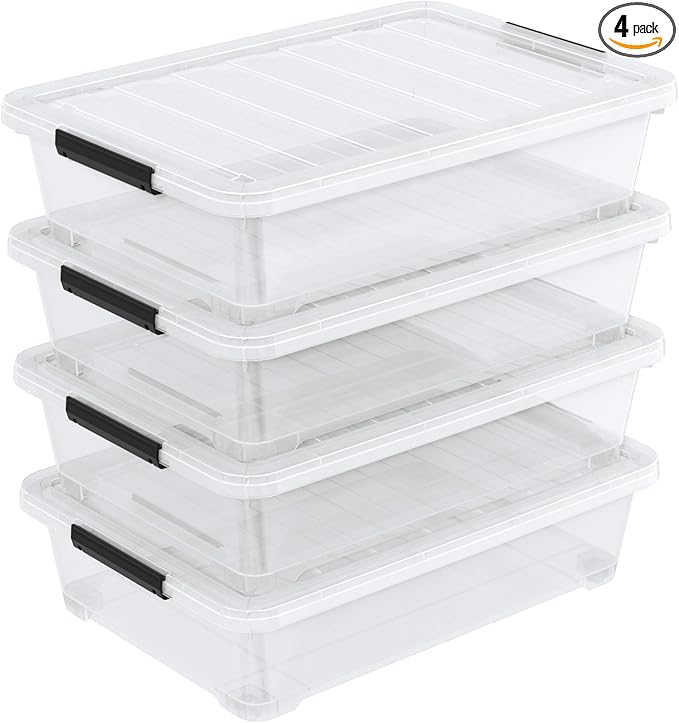 40 Quart Plastic Underbed Storage Boxes Large Clear Storage Bin with Wheels 4 Packs