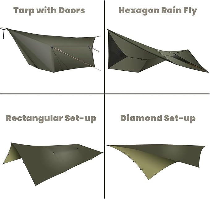 onewind 12×10 ft Hammock Tarp Ultralight Versatile Camping Tarp Lightweight Waterproof Silnylon Hammock Rain Fly with Doors Easy to Setup with Stuff Sack Tent Stakes Dark Grey