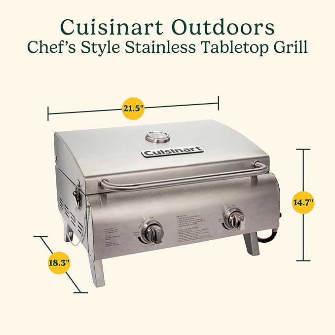 Cuisinart Chef's Style Tabletop Portable Propane Grill 20000 BTU Stainless Steel 2-Burner Outdoor Gas Grill for Camping Tailgates BBQ Hassle-Free Setup Twist-Start Ignition CGG-306
