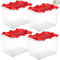 Superio Red Storage Box with Red Hinged Lids 4 Pack Plastic Container Bins for Organizing with Attached Lid Stackable Crates BPA Free Organizers for Home Office Dorm (4 27.5 Quart)