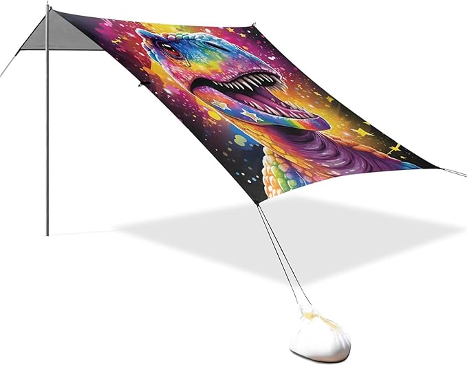 ALAZA Dinosaur with Rainbow Sparkles Star Beach Tent Sun Shelter Portable Canopy Sunshade for Outdoor Camping Picnics Backyard Fun 10x9 ft