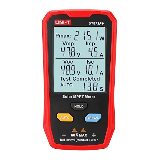 UNI-T UT673PV Solar Panel Tester Solar MPPT Meter 800W Photovoltaic Module Maximum Power Tester Intelligent Manual/Auto MPPT Test Large LCD and Multiple Result Displays