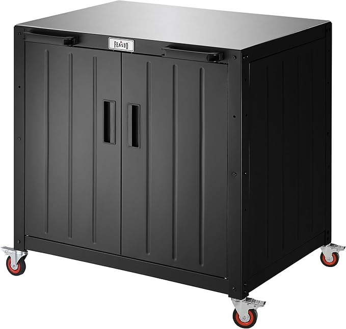 Feasto Outdoor Grill Cart with Storage Cabinet and Stainless Steel Top 35-Inch Outdoor Grill Station with Door Modular Kitchen Island for Food Prep and BBQ Black &amp Silver