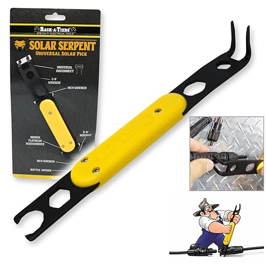 Rack-A-Tiers Solar Serpent - 5-in-1 Multipurpose Solar Connector Tool for MC4 T4 PV4 PV4-S and Amphenol H4 Universal Solar Panel Tool Built-in ¼” and ⅜” Wrench Flat-Head Screwdriver (#30200)