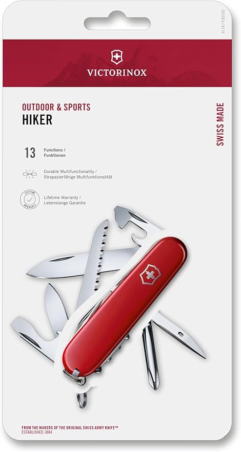 Victorinox Hiker Swiss Army Knife 13 Function Swiss Made Pocket Knife with 2 Blades Bottle Opener Wood Saw and Phillips Screwdriver - Red