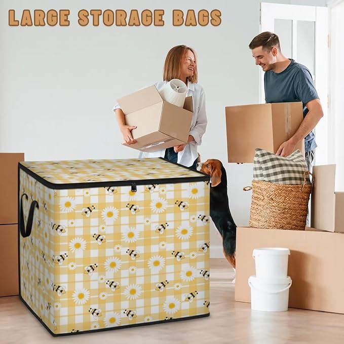 Large Daisy Storage Bags with Lid XL Blanket Clothes Storage Bins Foldable Organizers Storage Containers with Handle for Comforters Bed Sheets Pillows Flowers with Bees in Spring
