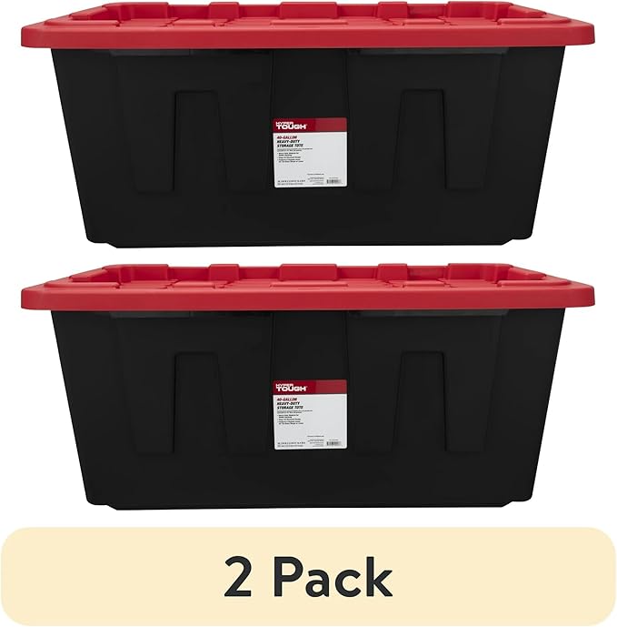 Tough 40 Gallon Plastic Storage Bin with Snap Lid Stackable Lockable Black/Red Set of 2 Heavy-Duty Durable Multi-Purpose Storage Containers for Indoor &amp Outdoor Use