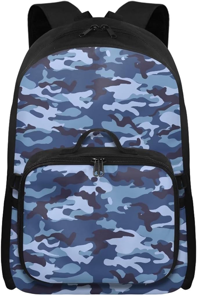 Blue Camo Backpack with Lunchbox Polyester Bookbag for Men Insulated Lunch Bag for Work Lightweight School Bag with Adjustable Shoulder Strap for Travel