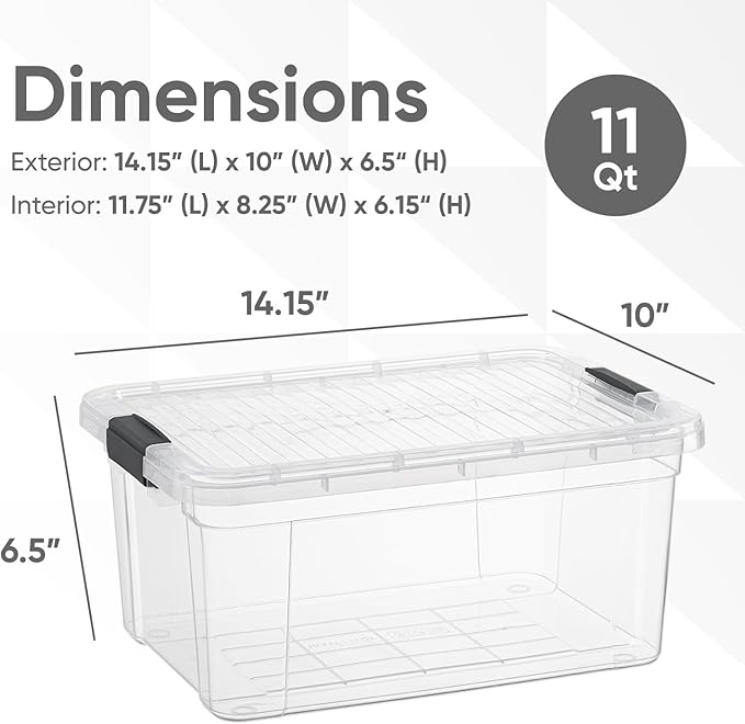 Superio Small Storage Bins with Lids - Clear Boxes for Organizing Stackable Plastic Containers - BPA Free Non-Toxic Odor Free Organizer for Home Office Dorm(4 Pack 11 Qt)