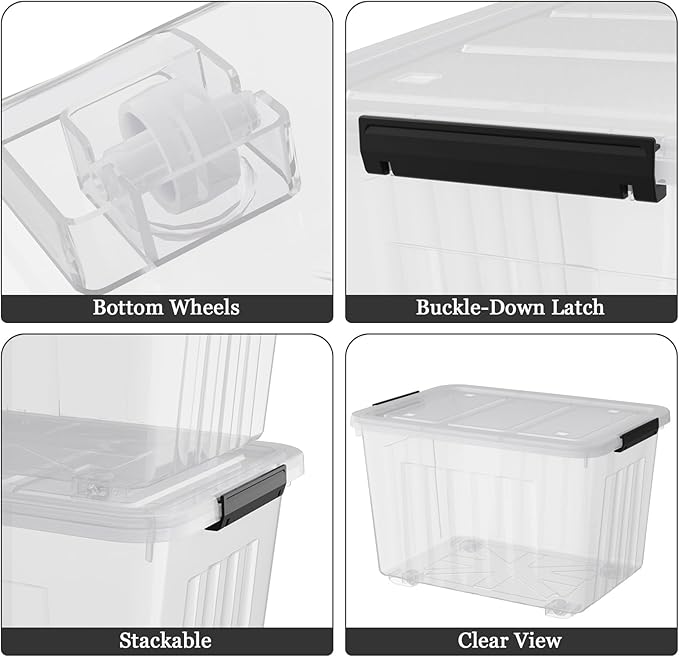 50 Liters Plastic Storage Bins with Latching Lids Stackable Boxes with Wheels 4 Packs Large Storage Container