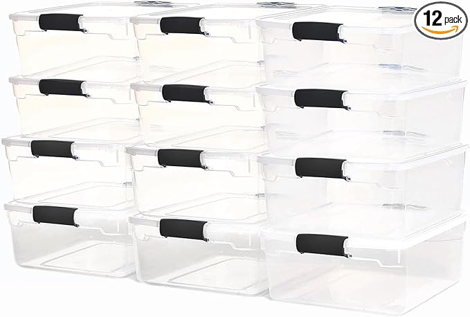HOMZ 12-Pack Secure Latch Clear Plastic Storage Organizer Bins 15.5 Quart Gray Latches - Stackable Organizing Containers for Home Garage and Office