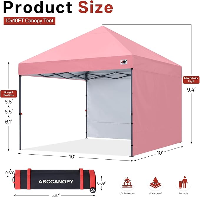 ABCCANOPY Easy Pop up Canopy Tent with 2 Sidewalls for Outdoor Sun Blocking or Rain Protection10x10 Pink