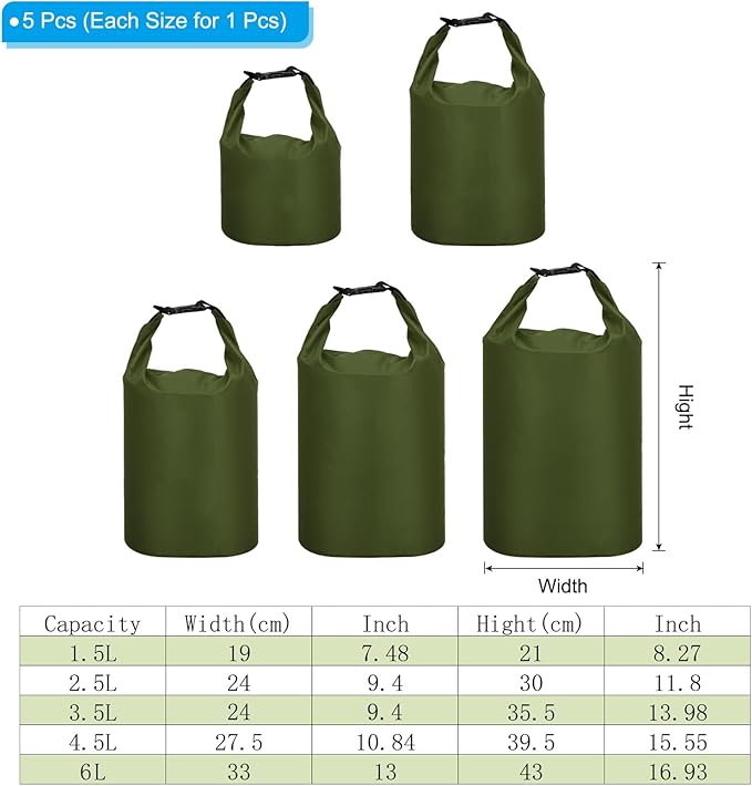 PATIKIL Waterproof Dry Bags 5 Pack Portable Dry Sack Roll Top Bag Lightweight Dry Storage Bag for Gym Kayaking Hiking Swimming Camping Green (1.5L 2.5L 3.5L 4.5L 6L)