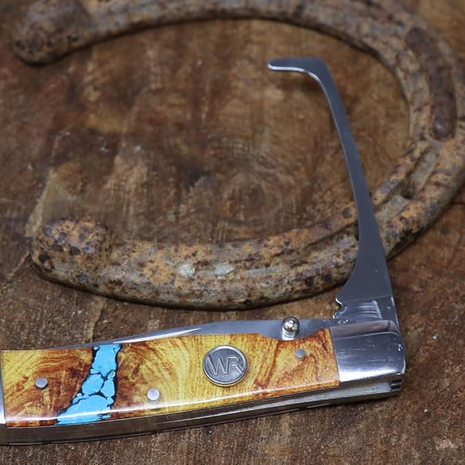 WHISKEY BENT HAT CO. Trapper Folding Pocket Knife with Hoofpick 4.125 Closed Length 440C Stainless Steel Blades (Turquoise River)