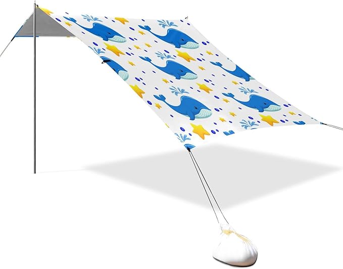 xigua Whales Beach Tent Sun Shelter with Carrying Bag - Silver Coated Oxford Fabric Beach Canopy for Beach Camping Fishing - Includes Windproof Ropes Sandbags &amp Stakes