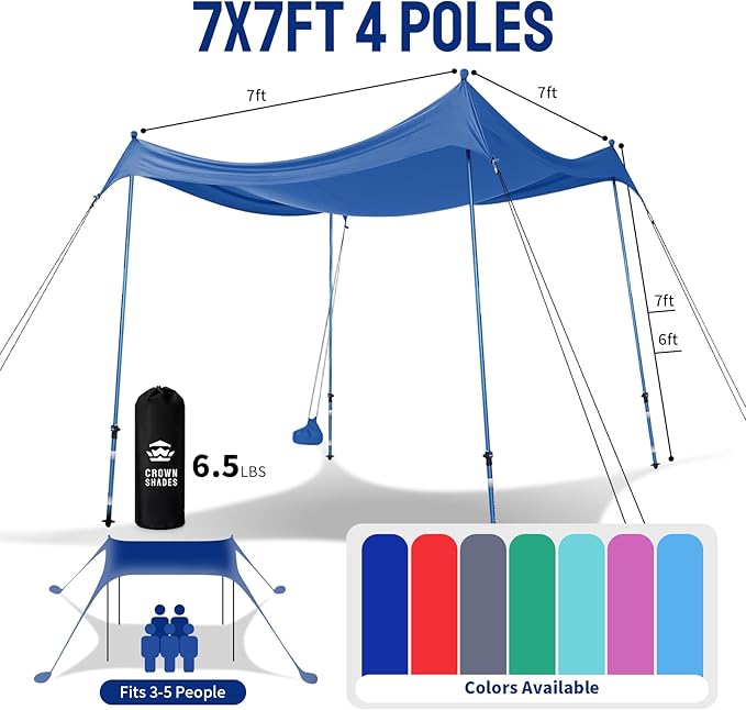CROWN SHADES 7x7 Beach Tent Sun Shelter Easy Pop Up Beach Canopy Shade Portable Outdoor Carpas UPF50+ Includes 4 Poles Adjustable Aluminium Extra-Large Big Sand Shovel Blue