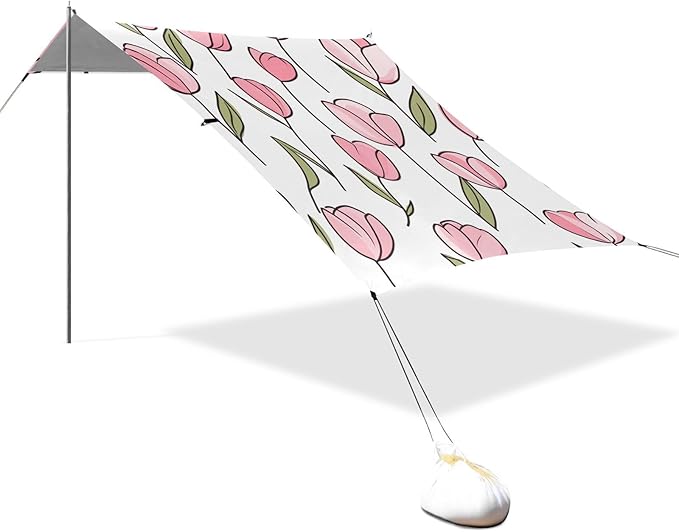 ALAZA Cute Doodle Pink Tulips Beach Tent Sun Shelter Portable Canopy Sunshade for Outdoor Camping Picnics Backyard Fun 10x9 ft