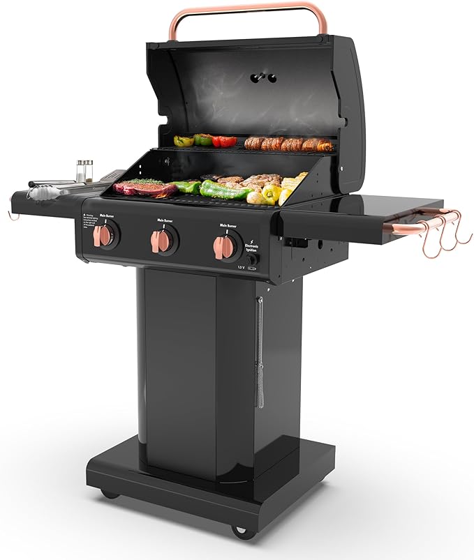 Kenmore 3-Burner Gas Grill | Foldable Side Tables Cast Iron Cooking Grates Warming Rack Hooks for BBQ Grilling Tools Propane Gas Barbecue Grill 30000 BTUs Black with Copper Accent