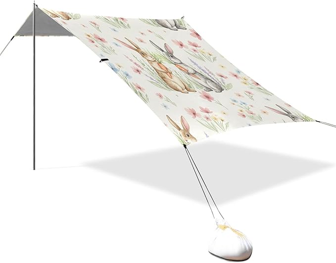 Easter Bunny Beach Canopy Sun Shelter with Sandbags &amp Sand Shovel &amp Windproof Ropes - Portable 110x126 Beach Shade Beach Tent for Camping Picnics