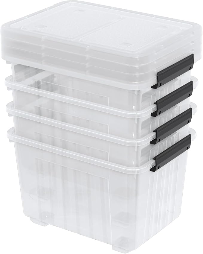 30 Quart Clear Plastic Storage Bin with Lid Stackable Latching Boxes with Wheels 4-Pack