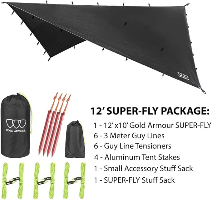Gold Armour Rainfly Tarp Hammock Premium 14.7ft/12ft/10ft/8ft Rain Fly Cover Waterproof Ultralight Camping Shelter Canopy Survival Equipment Gear Camping Tent Accessories (Black 12ft x 10ft)