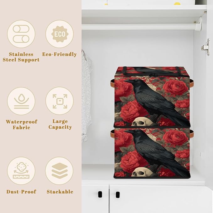 Halloween Raven Storage Bins with Lids Skull Flower Collapsible Cube Storage Basket with Leather Handle Foldable Storage Box with Lids for Organizing Home Closet