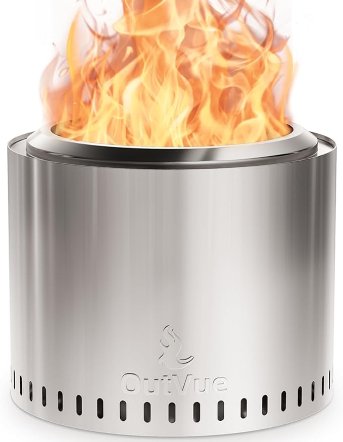 OutVue 19.5 inch Stainless Steel Smokeless Fire Pit Outdoor Smokeless Firepit Wood Burning Fire Pits for Camping Bonfire Low Smoke Firepit for Outside (Vertical Hole)