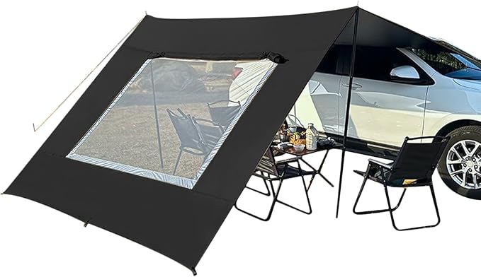 Car Awning – 48x28cm Oxford Mesh Black/Khaki Vehicle Shade Shelter Tailgate Canopy Cover Window Vent Screen | Ideal for SUV Travel RV Campsite Shade Backyard Outdoor Relaxing Truck Rest