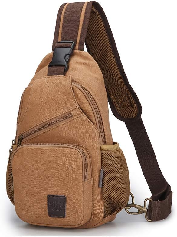 SIMU Sling Bag Pack Canvas Shoulder Sling Backpack Small Crossbody Chest Bag for ipad mini (Large brown)