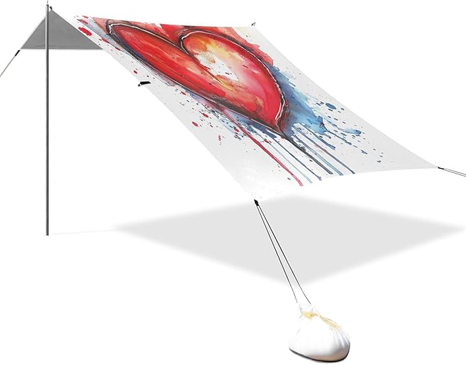 ALAZA Red Heart Watercolour Beach Tent Sun Shelter UPF50+ Protection Beach Shade Canopy w/ 4 Sandbags for Outdoor Camping Fishing Backyard Fun Picnic 10x9 ft